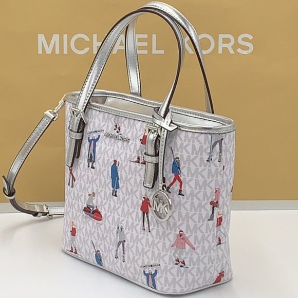 Michael Kors Jet Set Girls Print White Signature XS Carryall Top Zip Tote - Picture 5 of 16